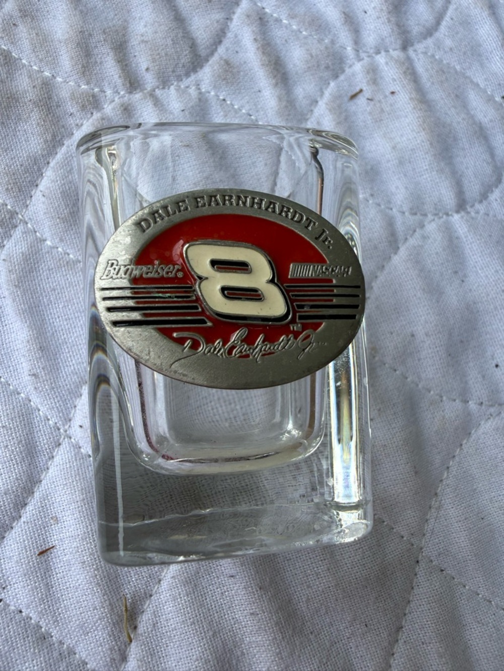 Budweiser Clear Glass Shot Glass with Red and Silver Emblem